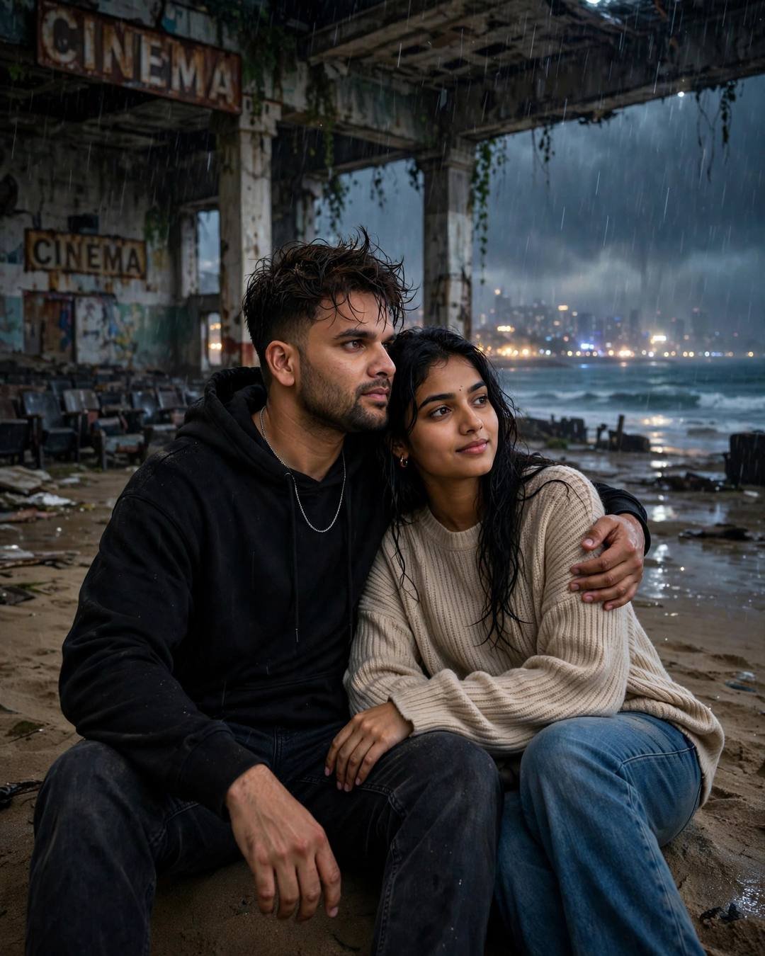 Couple sitting on the sand at a ruined seaside cinema hall in midnight drizzle, man in black oversized hoodie with his arm around her, woman in beige sweater, waves and city glow behind