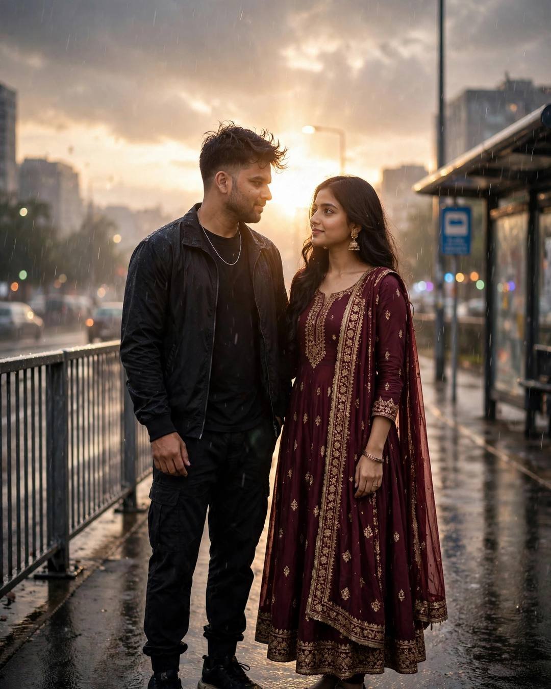 Couple standing face to face at a rainy bus stop in golden-hour light, man in all-black streetwear, woman in maroon anarkali with jhumkas