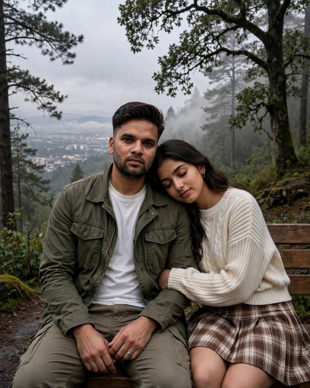 Young couple seated close on a bench on a misty forest path, her head resting on his shoulder, foggy city lights below, late evening, cinematic portrait