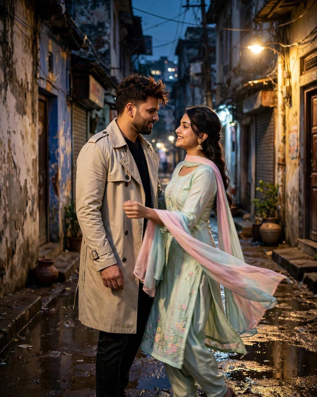 Young couple dancing in a narrow post-rain old-city lane under a streetlamp at night, beige trench coat and pastel salwar-kameez with flowing dupatta, cinematic portrait