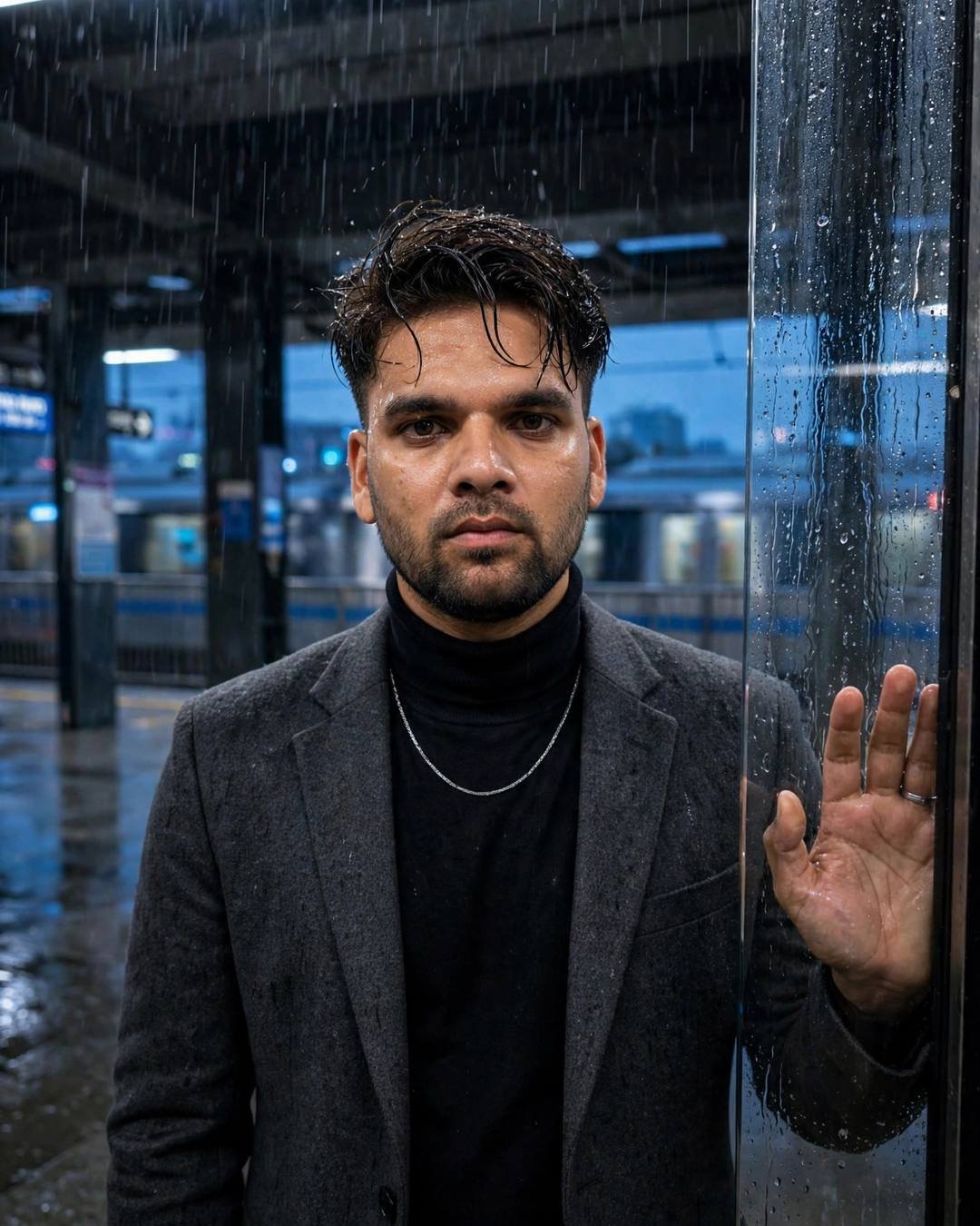 Young Indian man in charcoal blazer and black turtleneck with hand on rain-streaked glass at a metro station at night