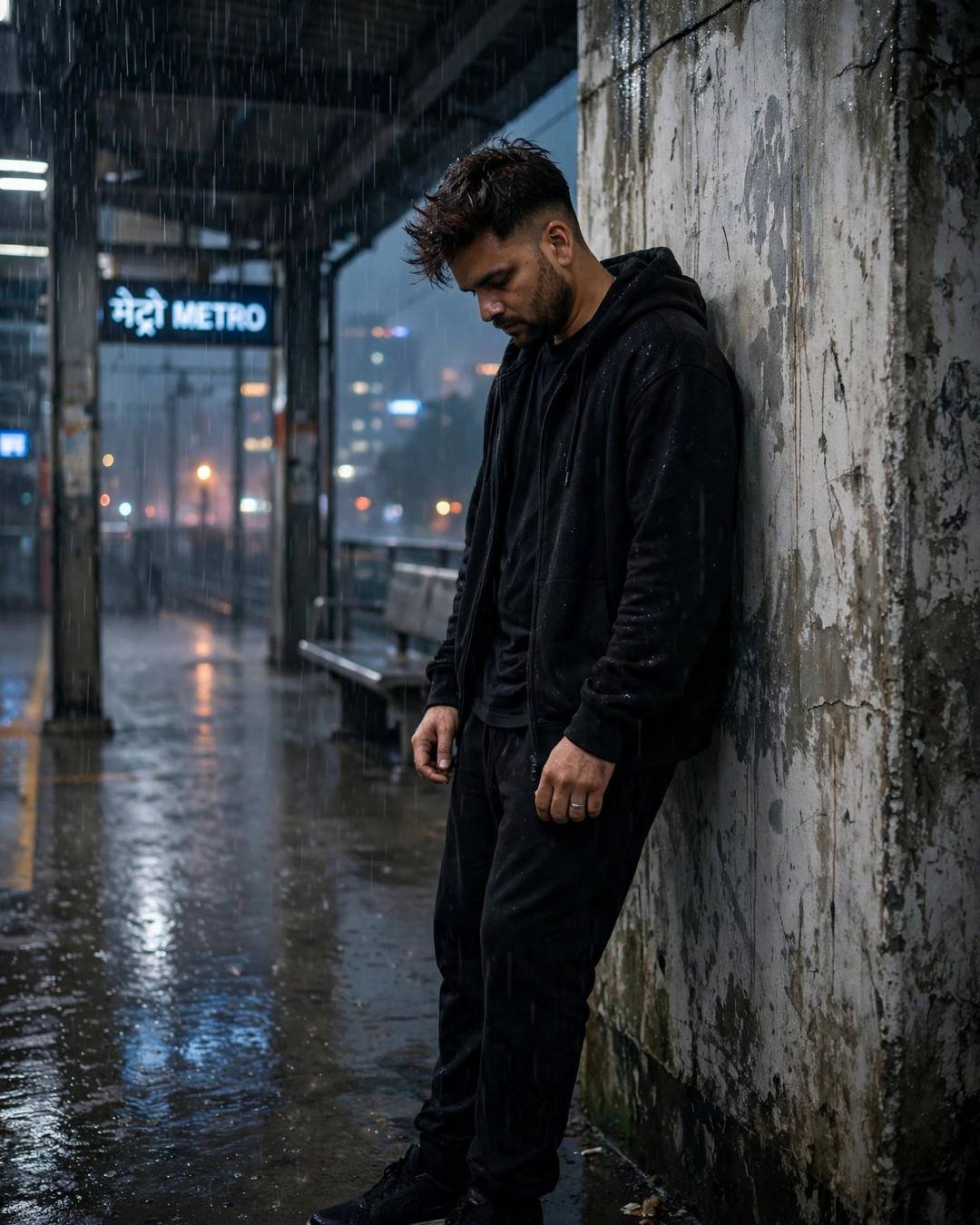 Young Indian man in all-black streetwear leaning against a weathered wall at a midnight metro station in heavy rain