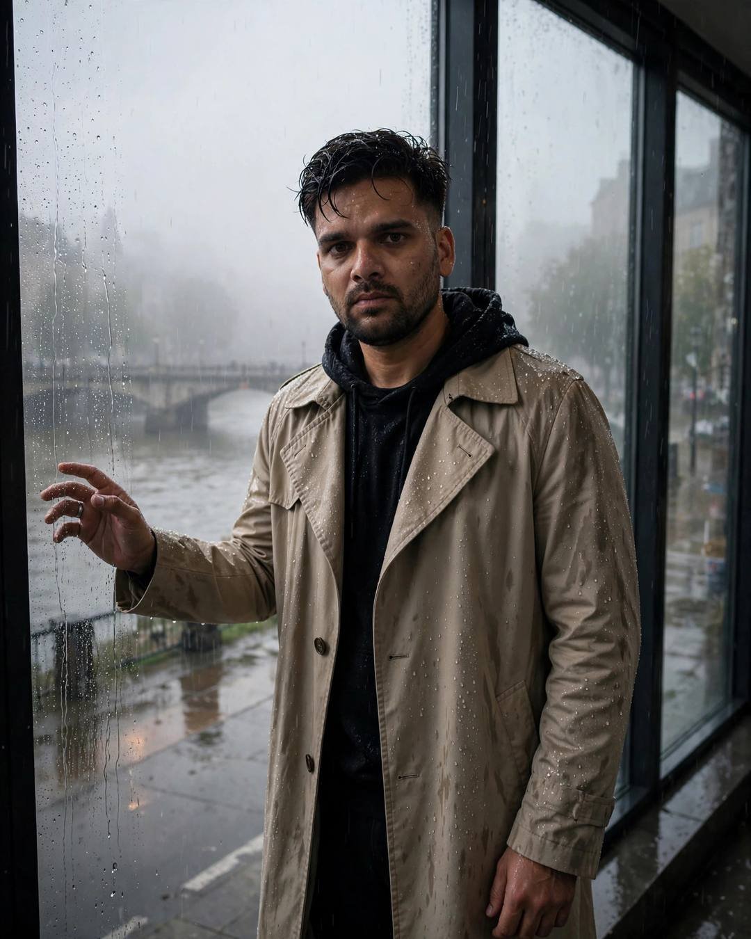 Young Indian man in a beige trench coat with hand on a rain-streaked window, bridge over a foggy river behind