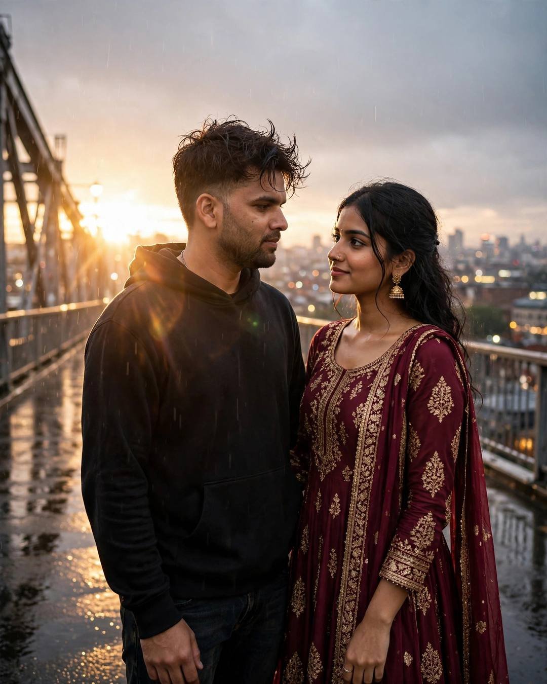 Young Indian couple sharing a black umbrella on a rain-wet bridge at dusk, golden city lights blurred behind them