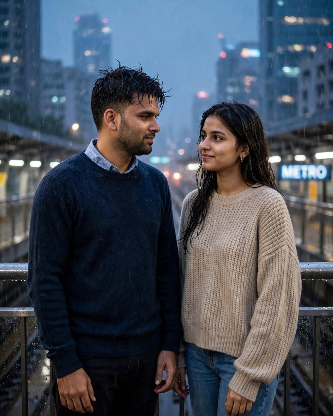 Young Indian couple standing on a rainy metro bridge at blue hour, navy sweater and beige knit sweater, city lights diffused through rain
