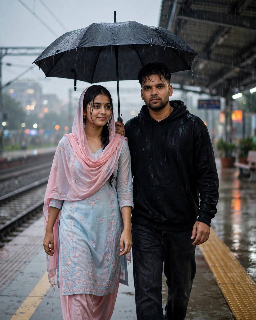 Young Indian couple under one black umbrella on a rainy railway platform at night, shoulders touching