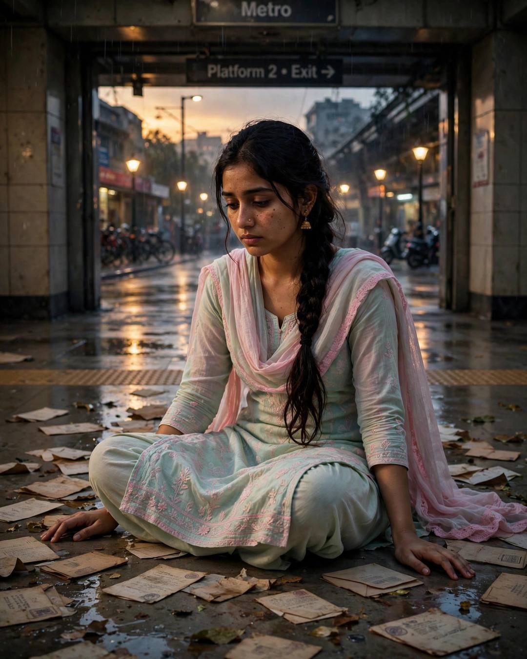 Young Indian woman with a long braid sitting cross-legged among old letters at a metro station, warm lamplight