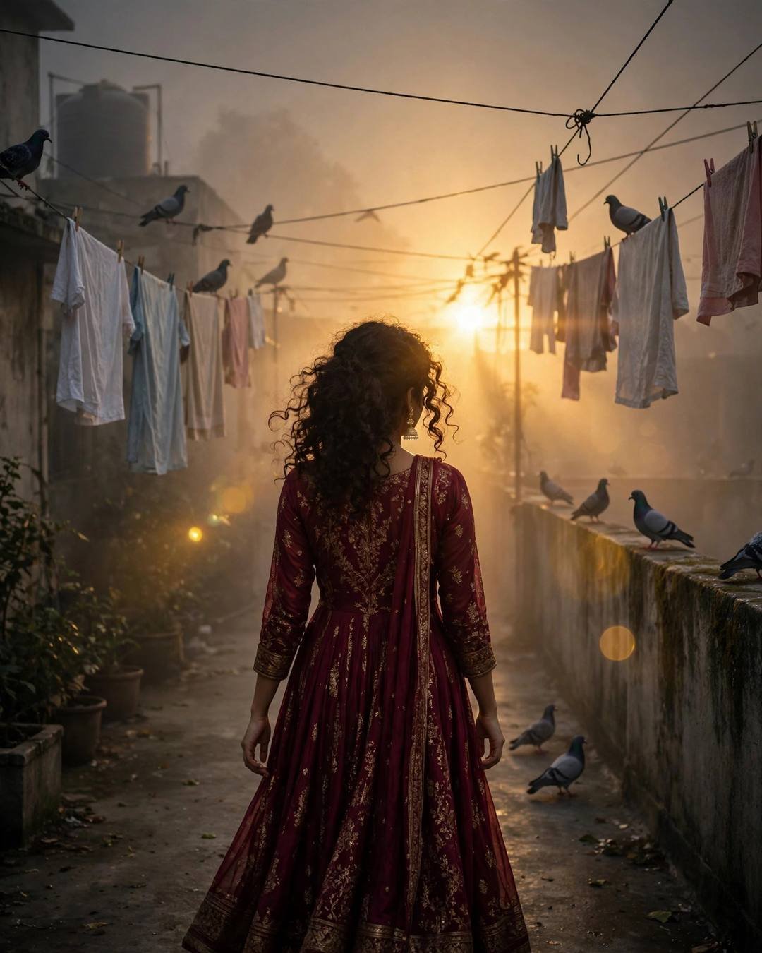 Young Indian woman in a maroon anarkali with jhumkas walking away down a sunlit terrace with clothes lines and pigeons