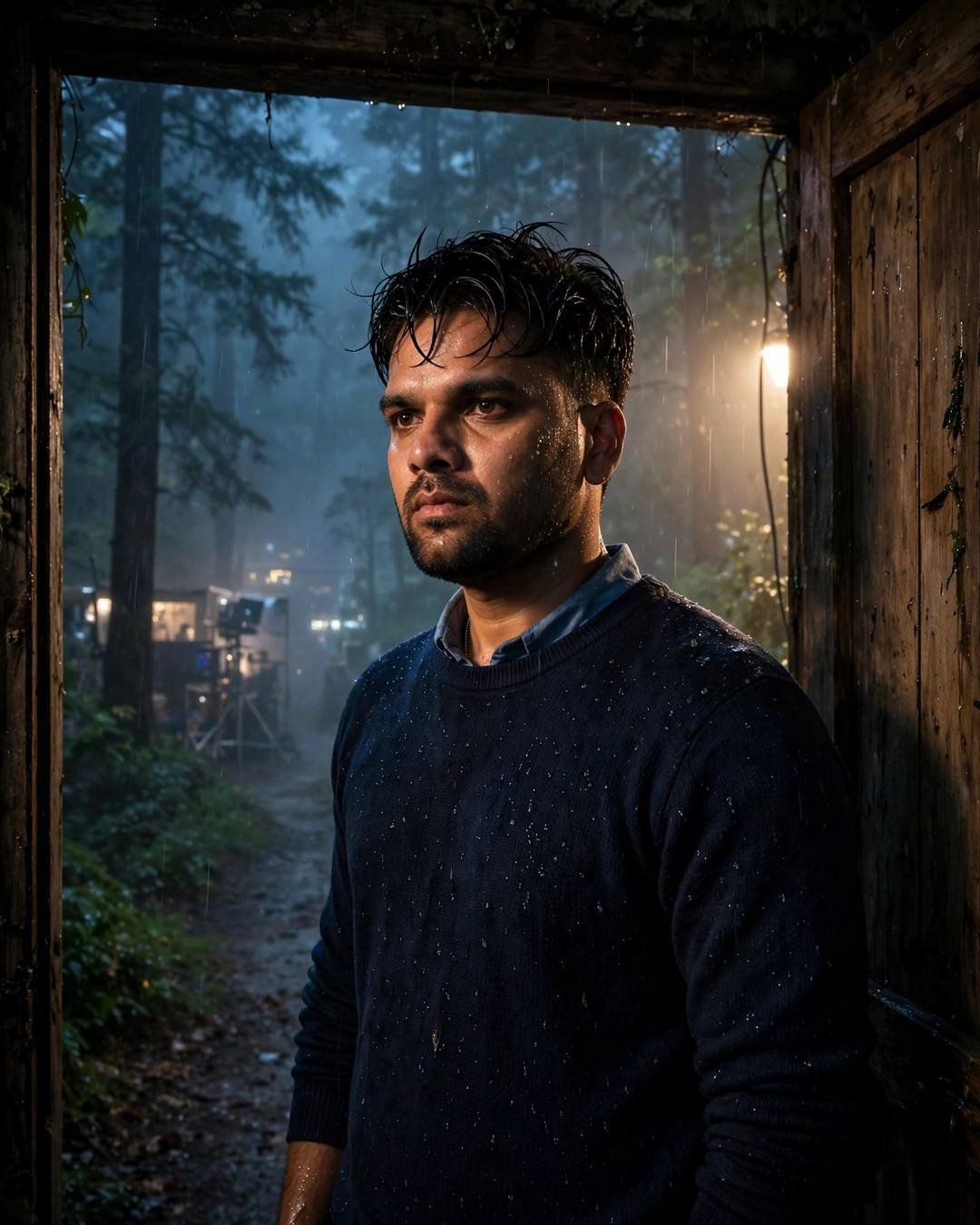 Young man in a navy sweater standing half in shadow in a cabin doorway on a misty forest path, dense fog, dramatic single-source side light, film-set gear beyond, cinematic portrait