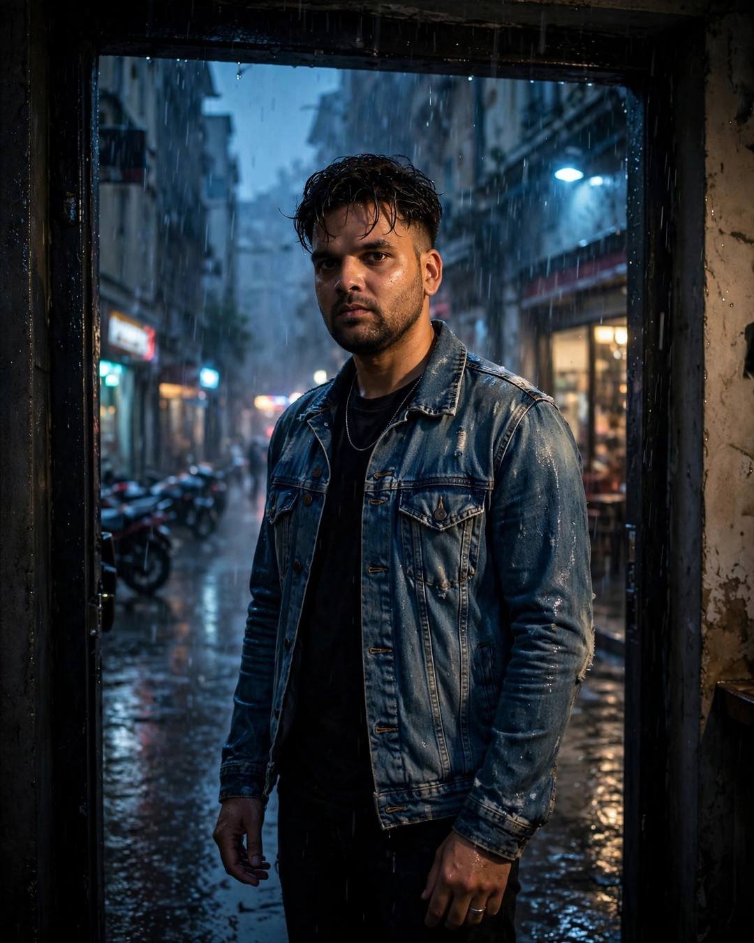 Young man in a distressed denim jacket standing half in shadow in a doorway onto a rain-soaked city street, blue hour, dramatic side light, cinematic portrait