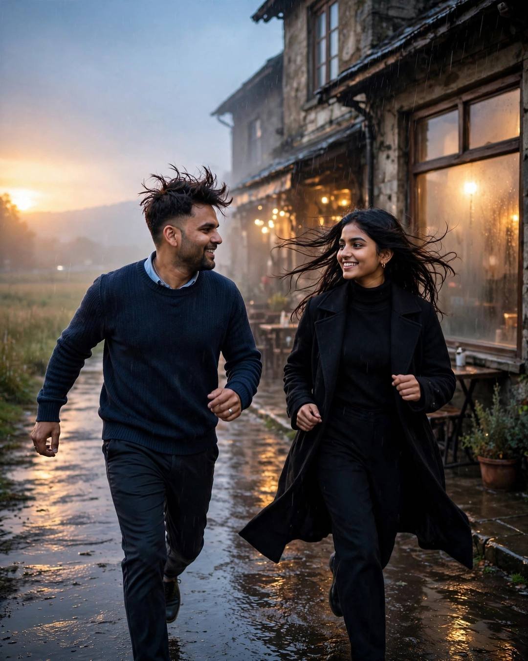 Couple running toward each other on a wet lane outside an old stone cafe at golden hour, man in navy sweater, woman in black turtleneck and long coat, both laughing