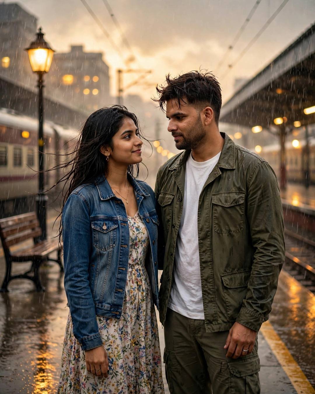 Couple standing close face to face on a rainy railway platform at golden hour, man in olive field jacket, woman in denim jacket over floral dress, train waiting