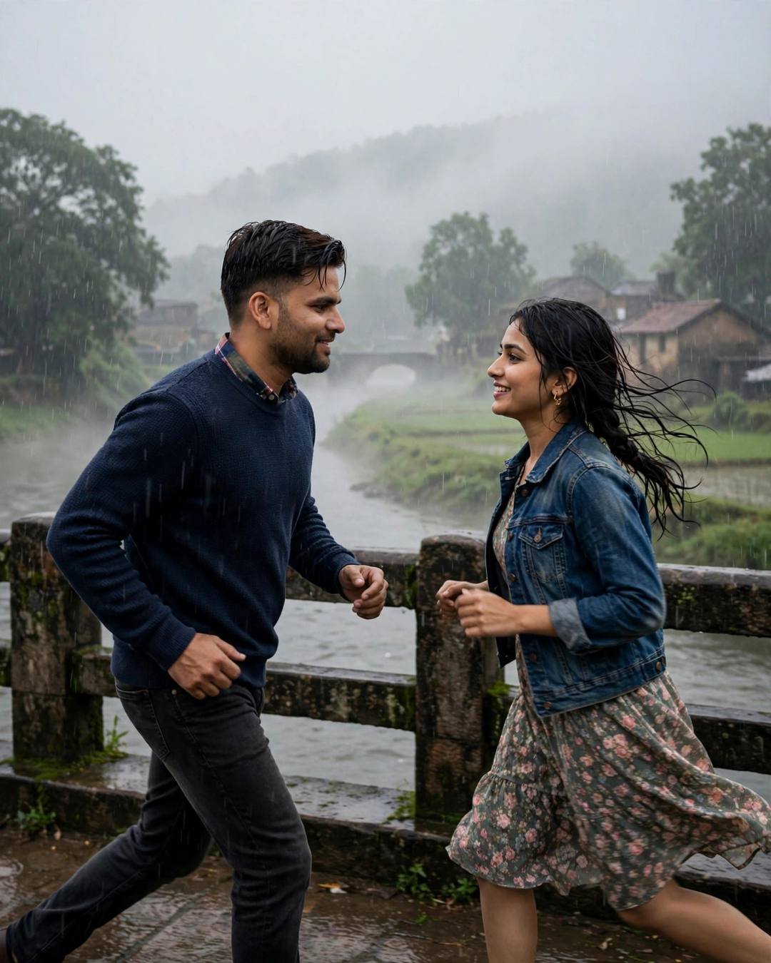 Young couple running toward each other laughing on a stone bridge over a river in heavy monsoon rain, navy sweater and denim jacket over floral dress, cinematic portrait