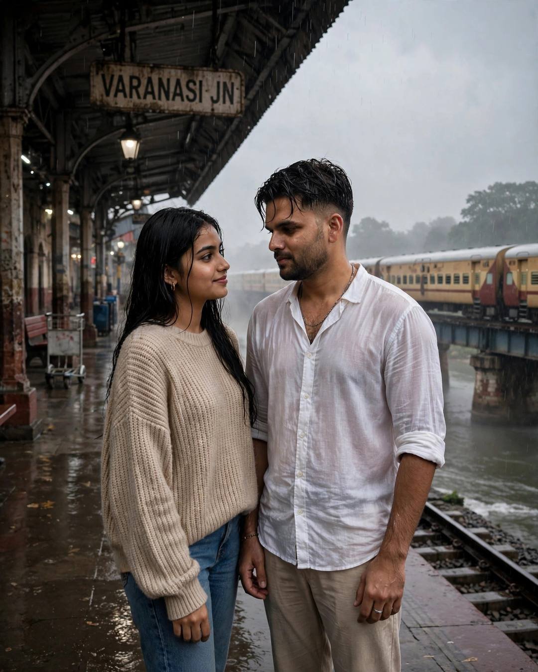 Young couple standing close on a rainy railway platform at Varanasi Junction, white linen shirt and beige sweater, train on the bridge, drizzle, cinematic portrait