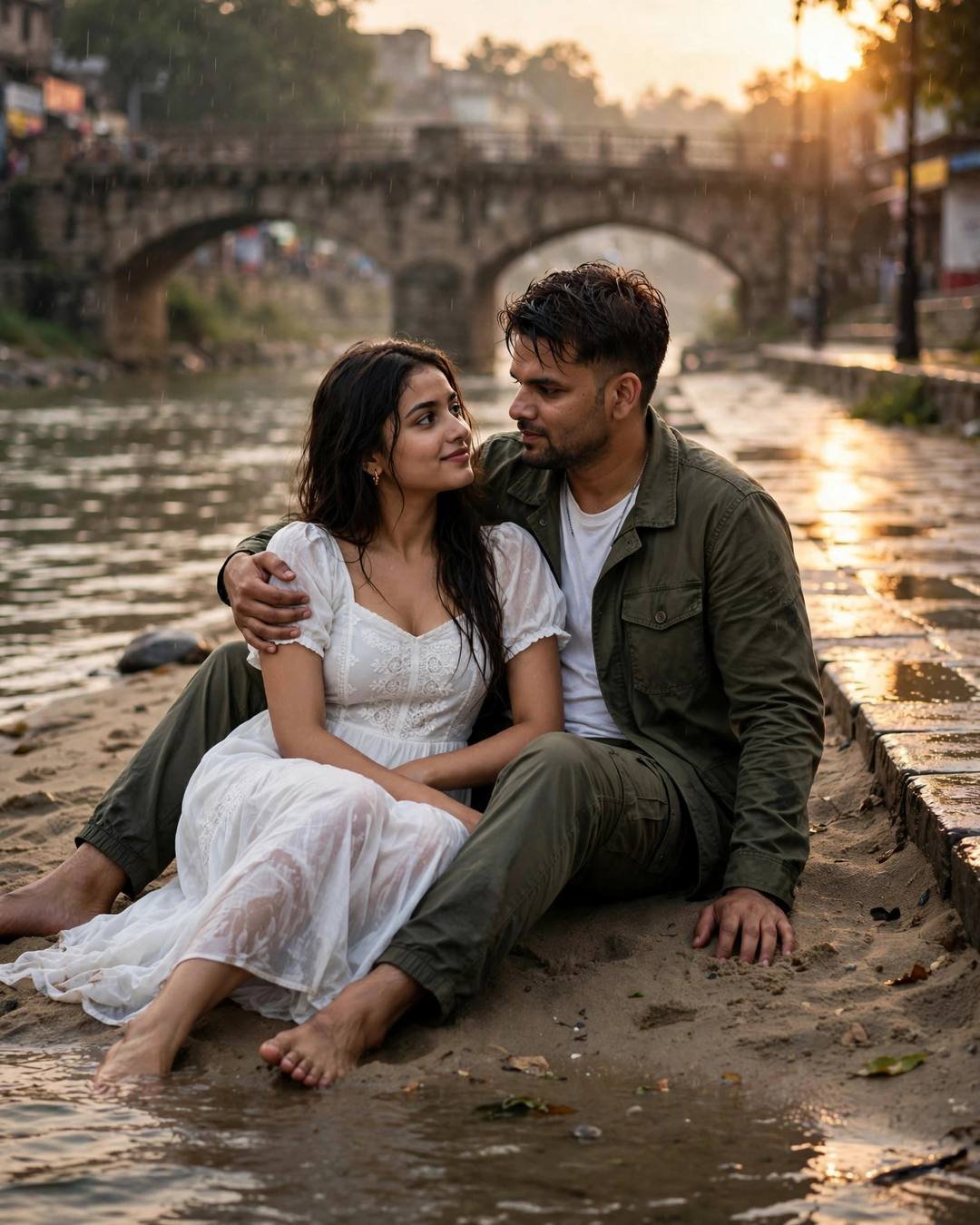 Young Indian couple sitting on a sandy riverbank at golden hour, man in olive field jacket with arm around woman in white summer dress, old stone bridge behind