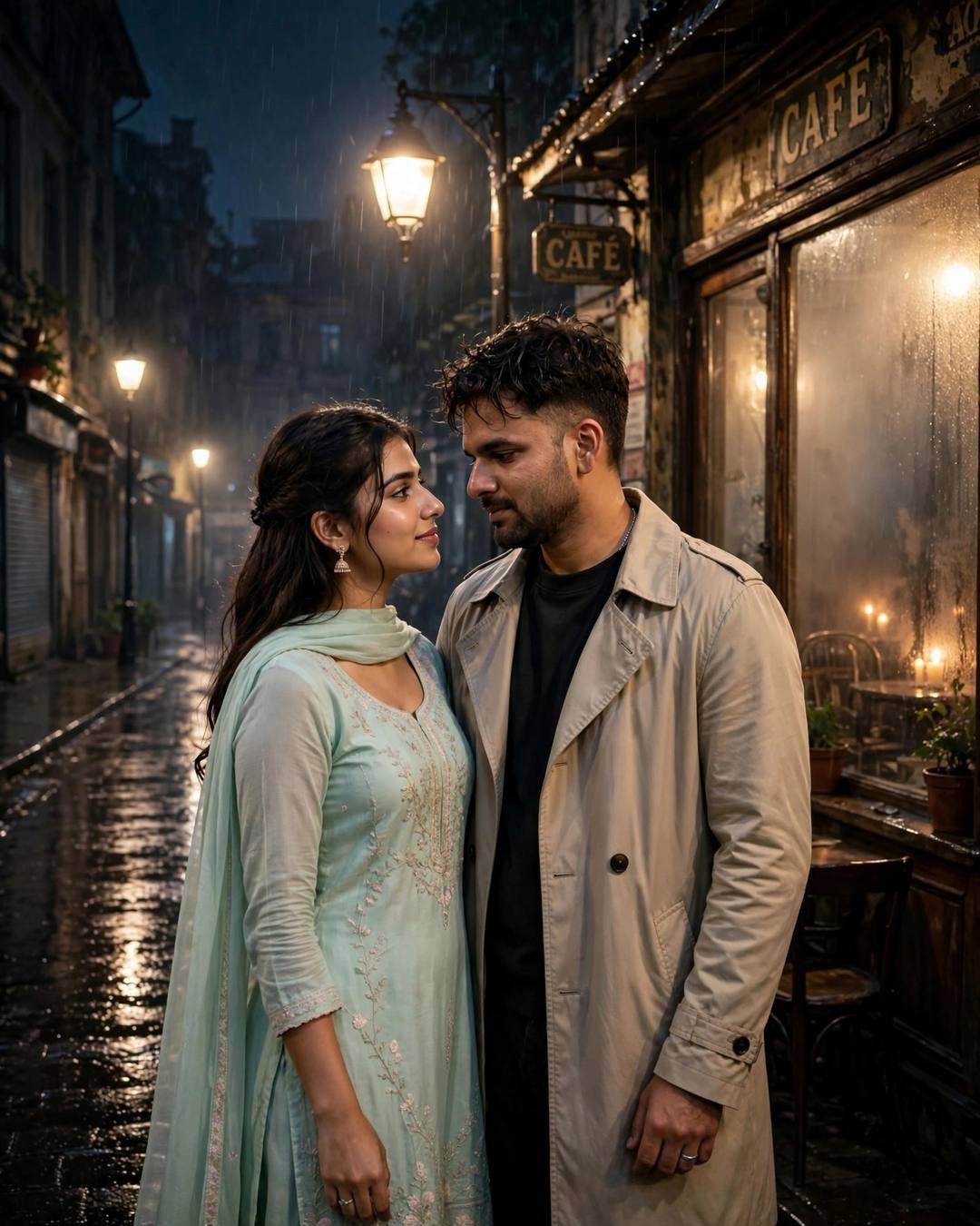 Young Indian couple standing close on a rain-wet street outside an old cafe at midnight, man in beige trench coat, woman in pastel salwar-kameez