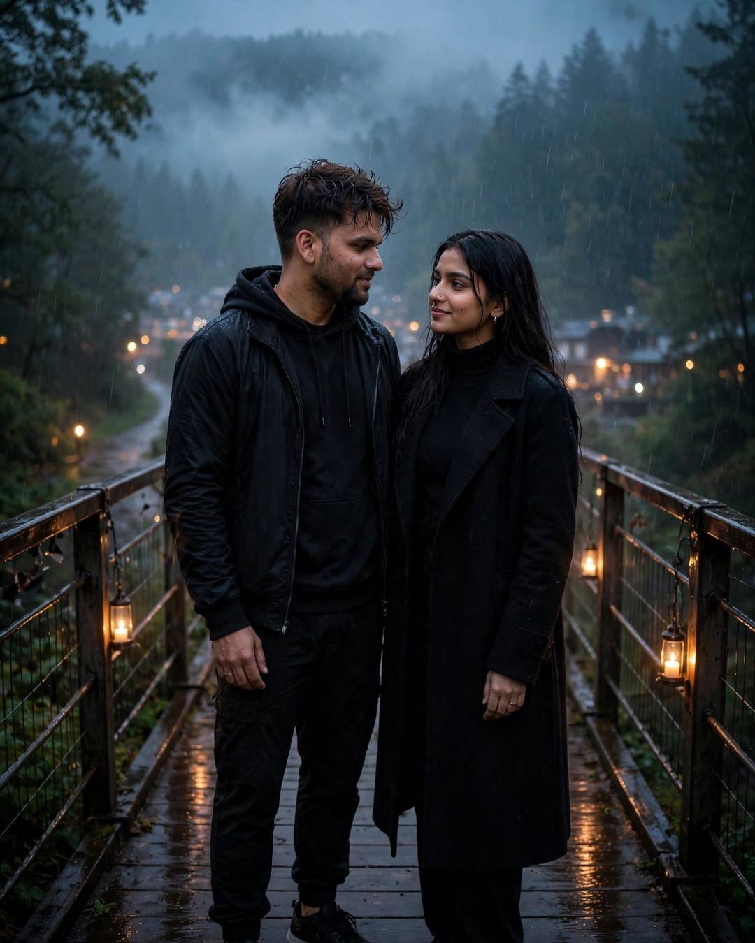 Young Indian couple standing close on a drizzle-wet bridge with hanging lanterns, man in all-black streetwear, woman in black turtleneck and long coat