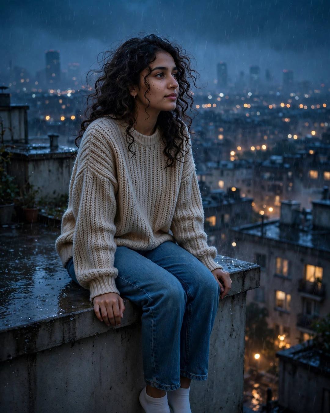 Young Indian woman with soft curls in oversized beige sweater sitting on a rain-wet rooftop ledge at midnight overlooking city lights