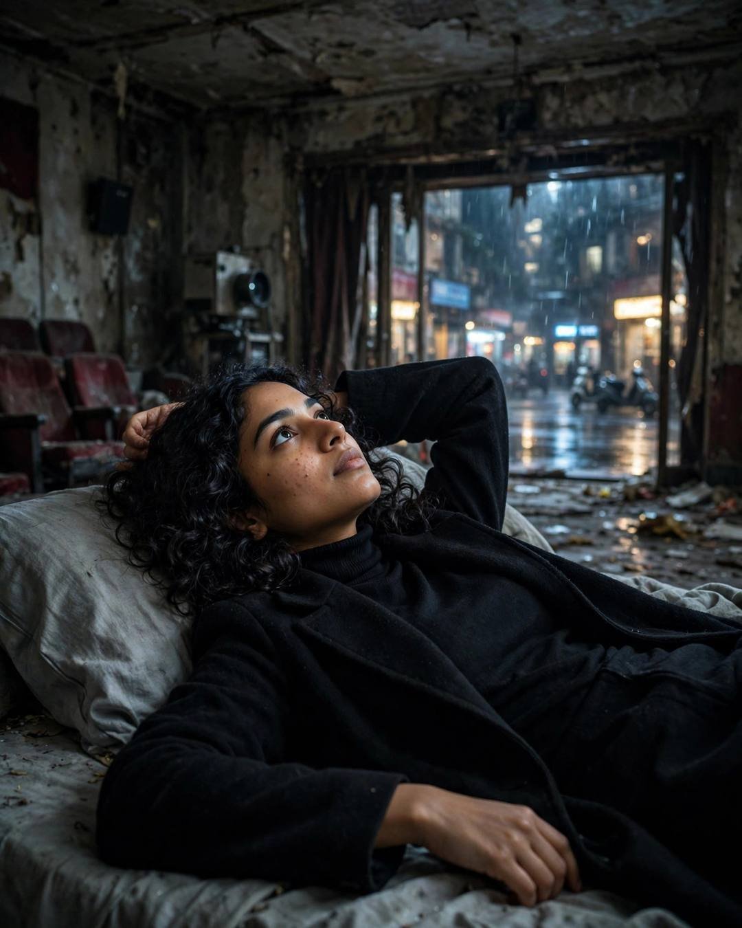 Young Indian woman with soft curls in black turtleneck and long coat reclining in an abandoned cinema hall, gazing at the rain-lit doorway