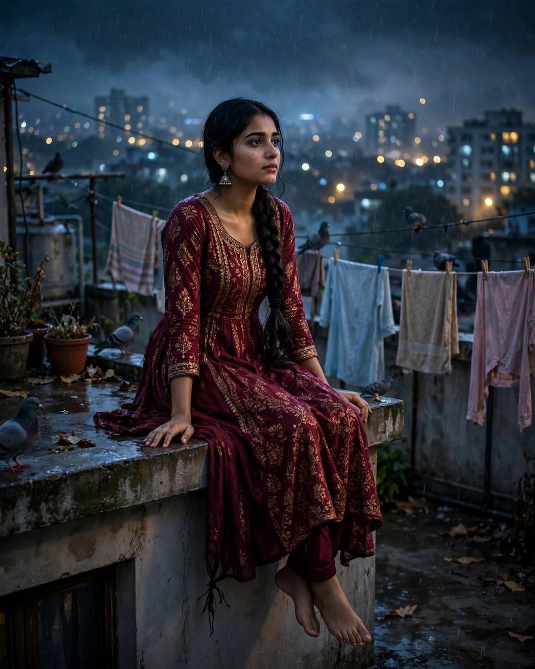 Young Indian woman in maroon anarkali with jhumkas and long braid sitting on a rooftop ledge at night with clothes lines and pigeons, city glowing