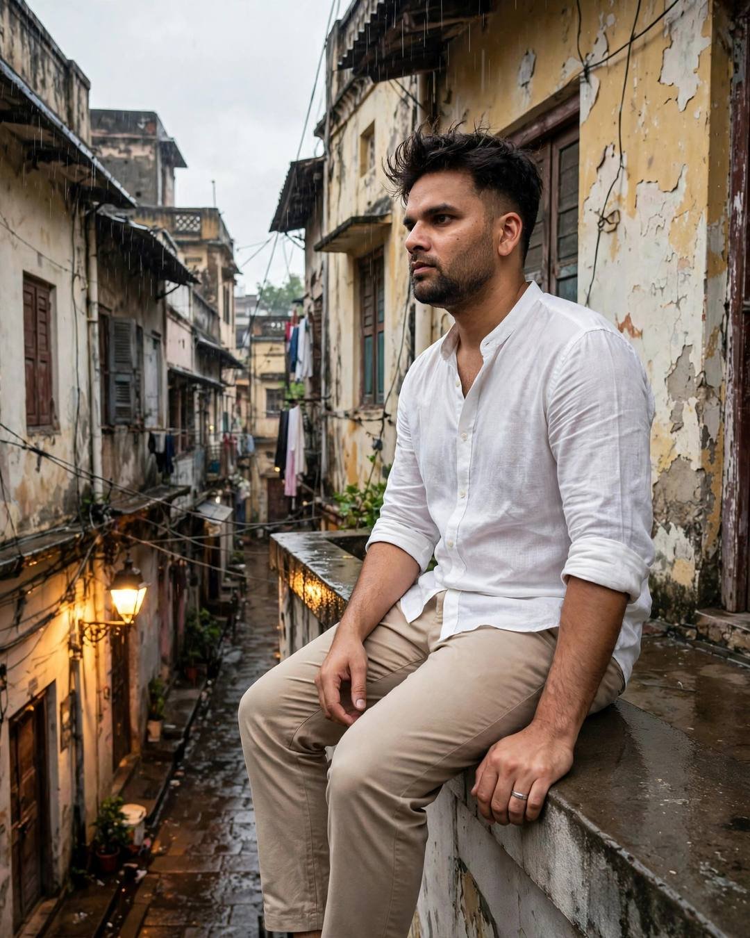 Young Indian man in white linen shirt sitting on a rooftop ledge above a rainy old-city lane