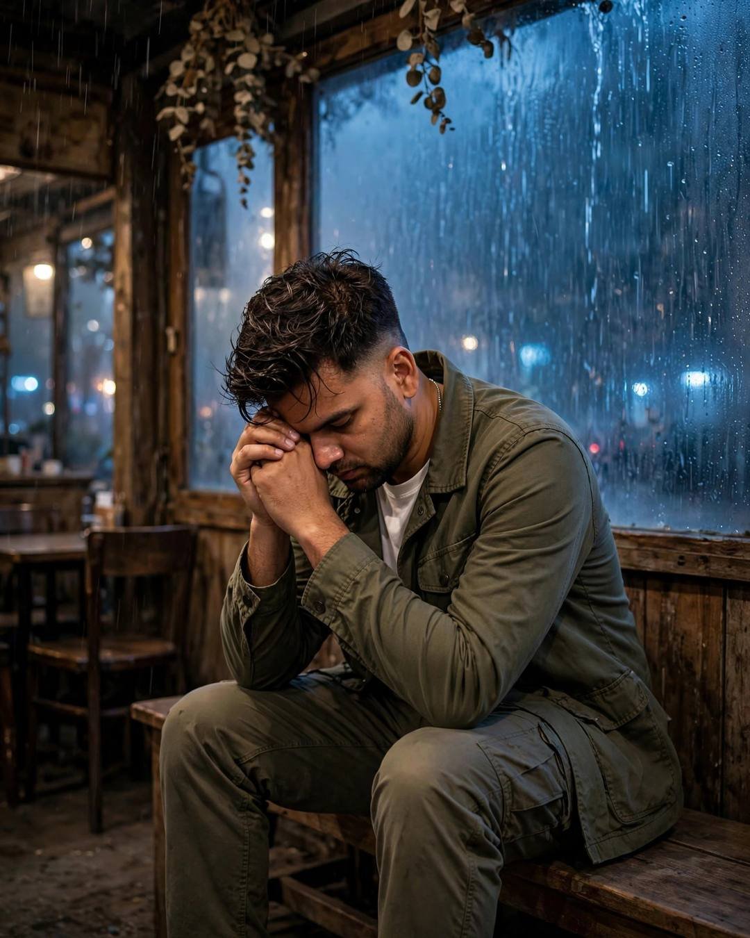 Young Indian man with head in hands at a fogged cafe window during heavy monsoon rain