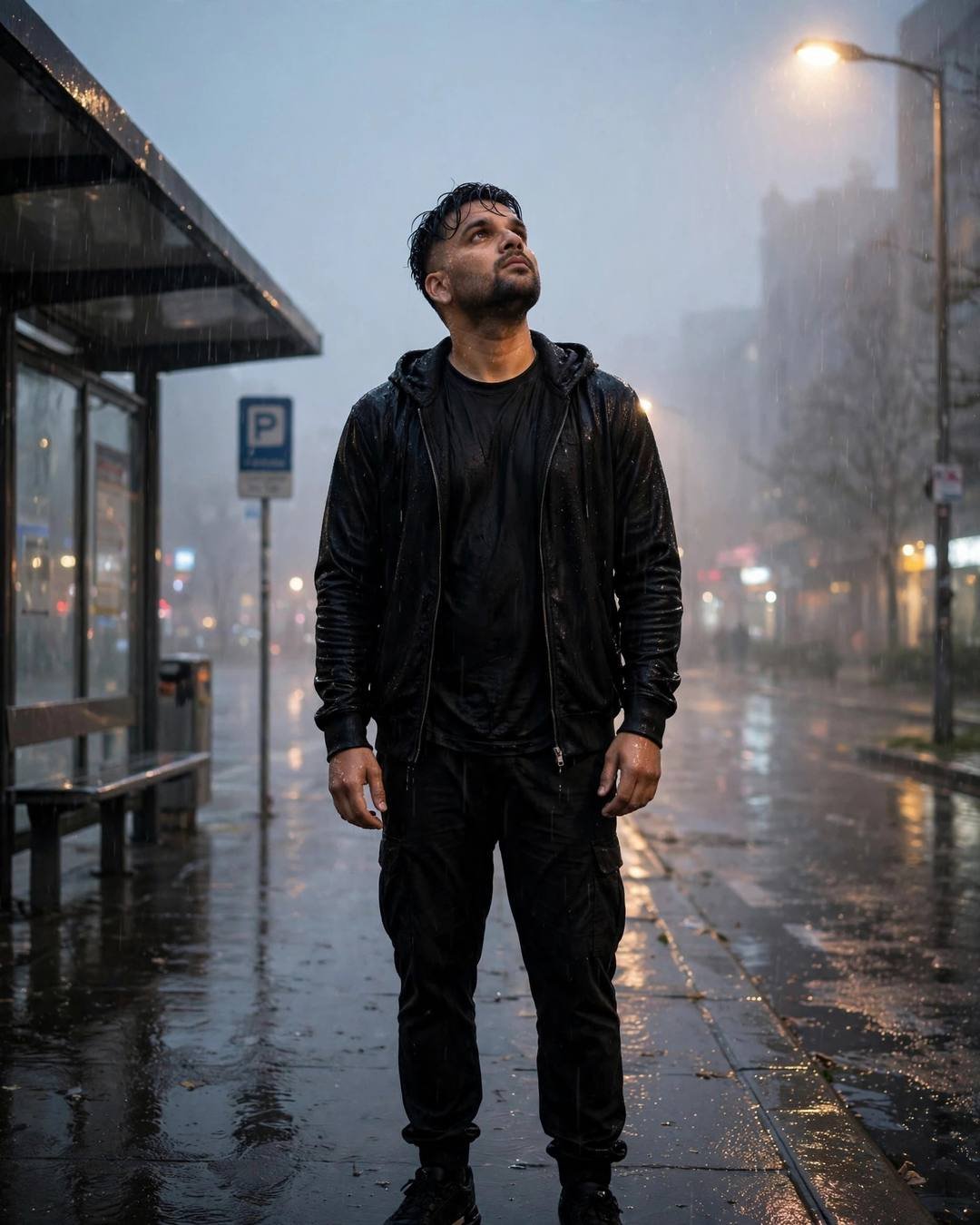 Young Indian man in black streetwear standing at a rainy bus stop with face lifted to the sky