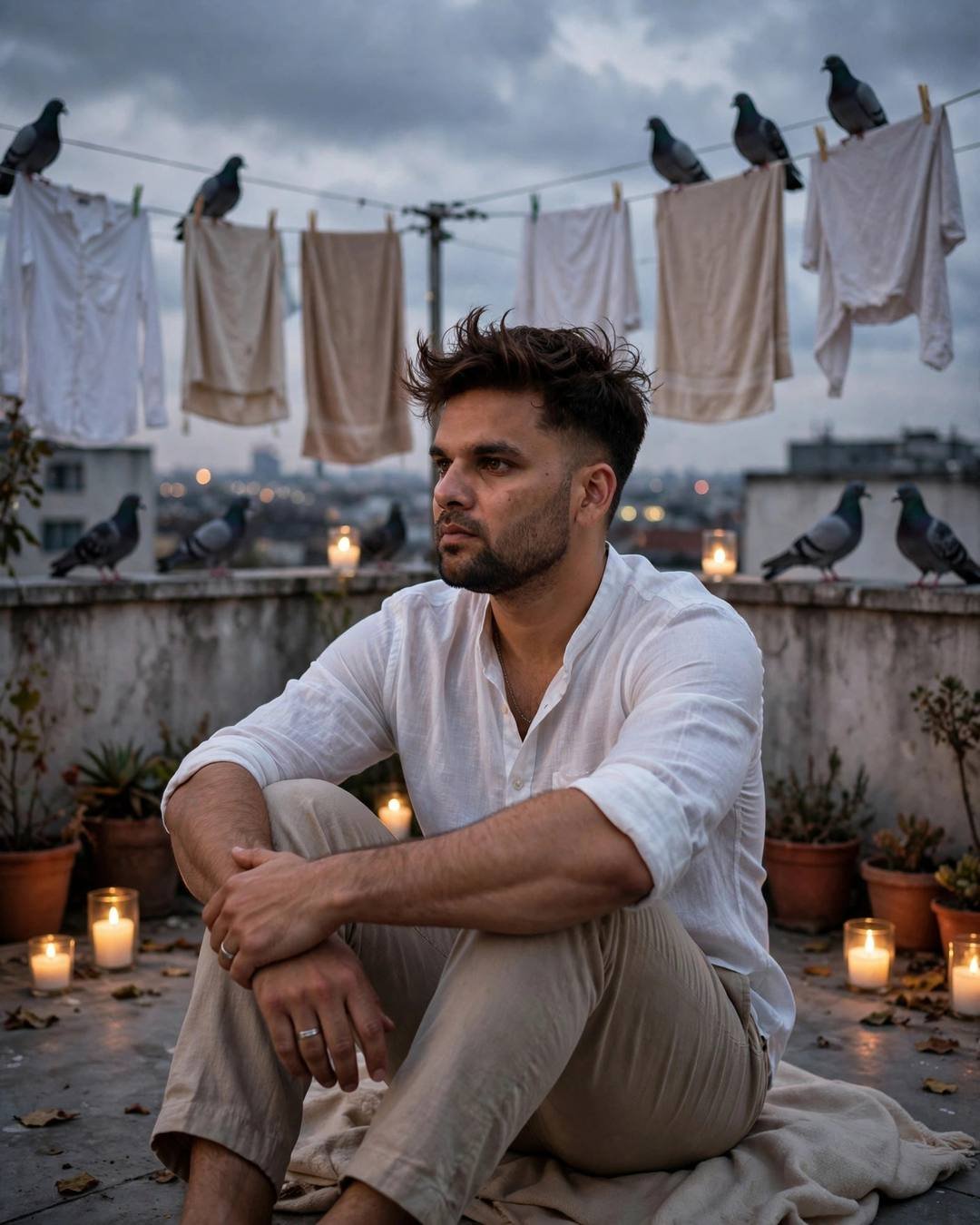 Young Indian man sitting on a candlelit rooftop terrace with pigeons and clothes lines