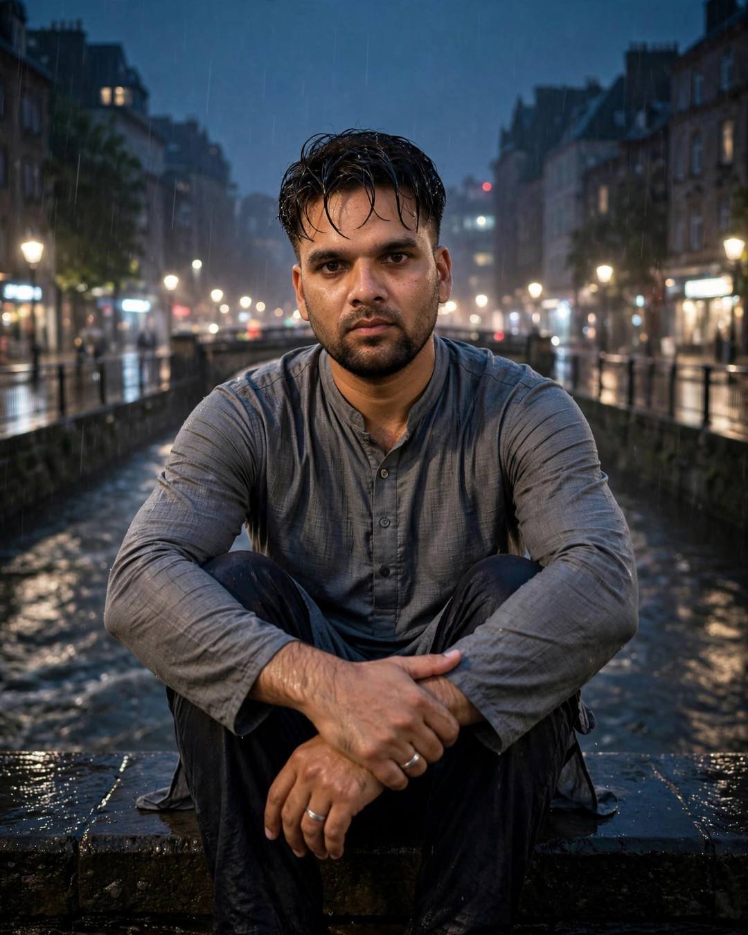 Young Indian man in a grey kurta sitting on a rain-wet bridge at evening with the glowing city behind him