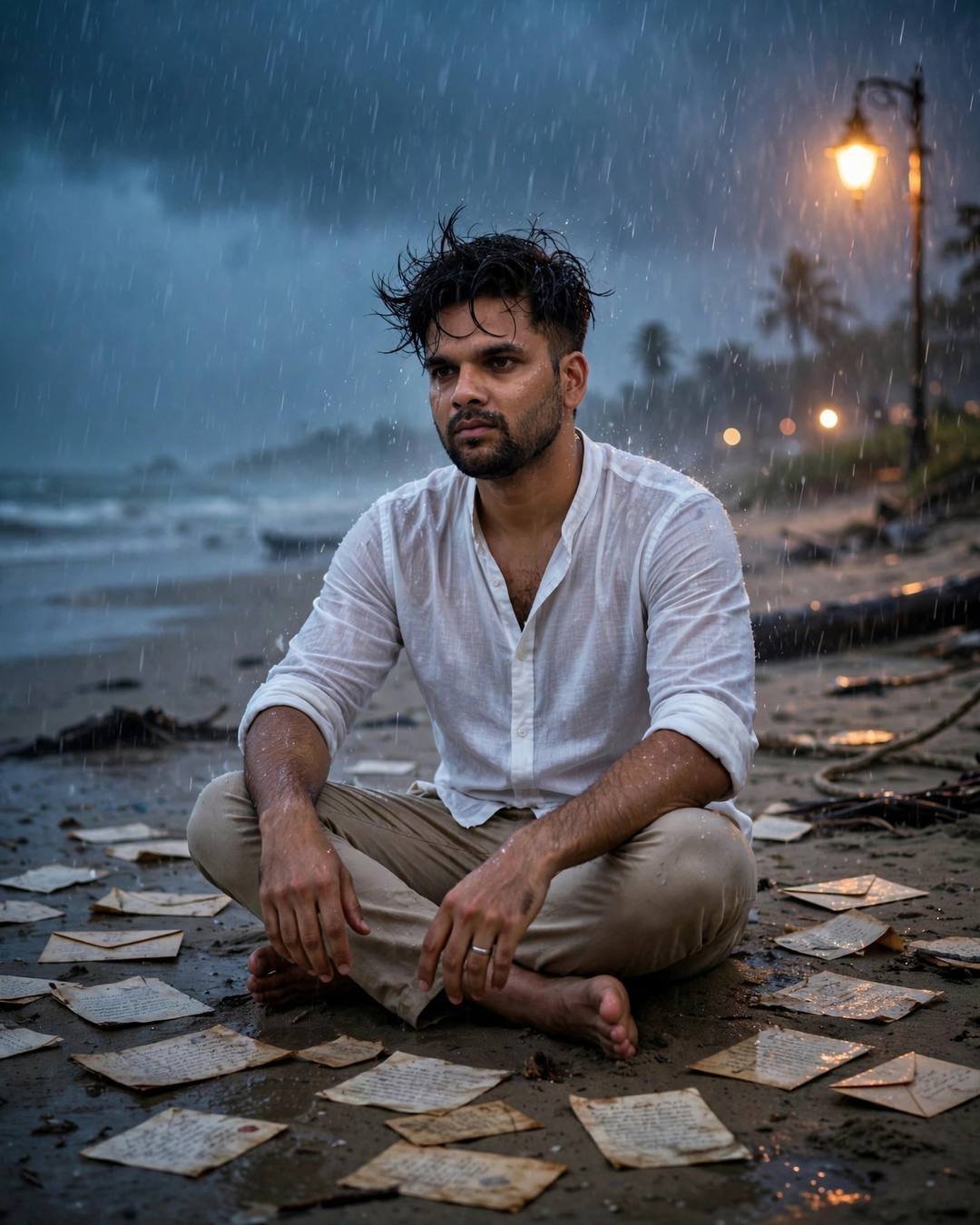 Young Indian man in a white linen shirt sitting among old letters on a rainy beach at dusk