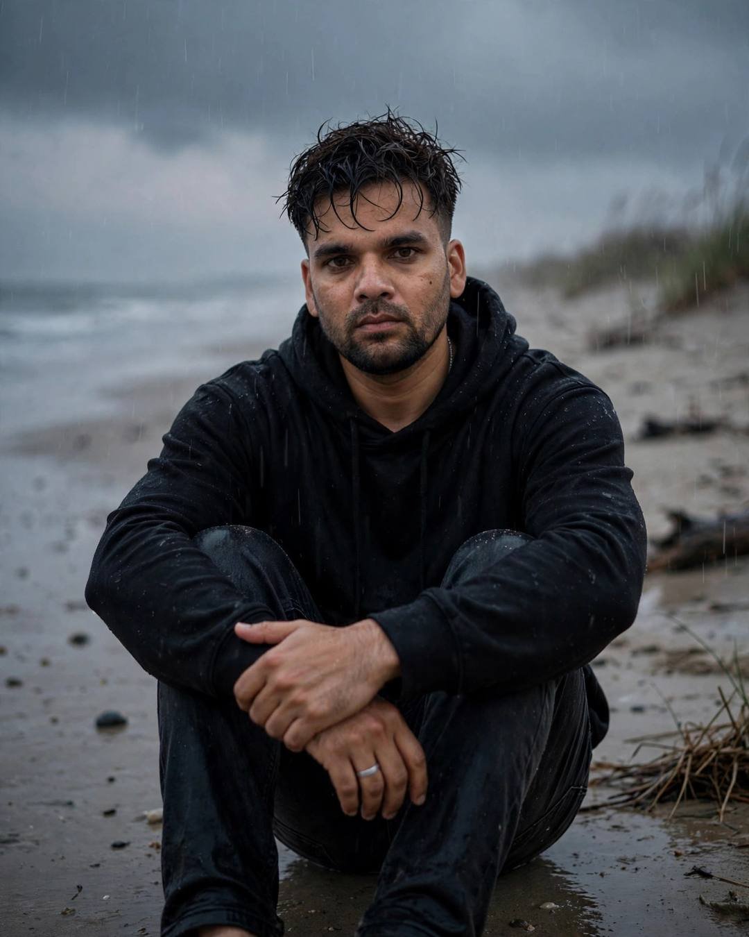 Young Indian man in a black hoodie sitting on a rainy deserted beach looking at the camera
