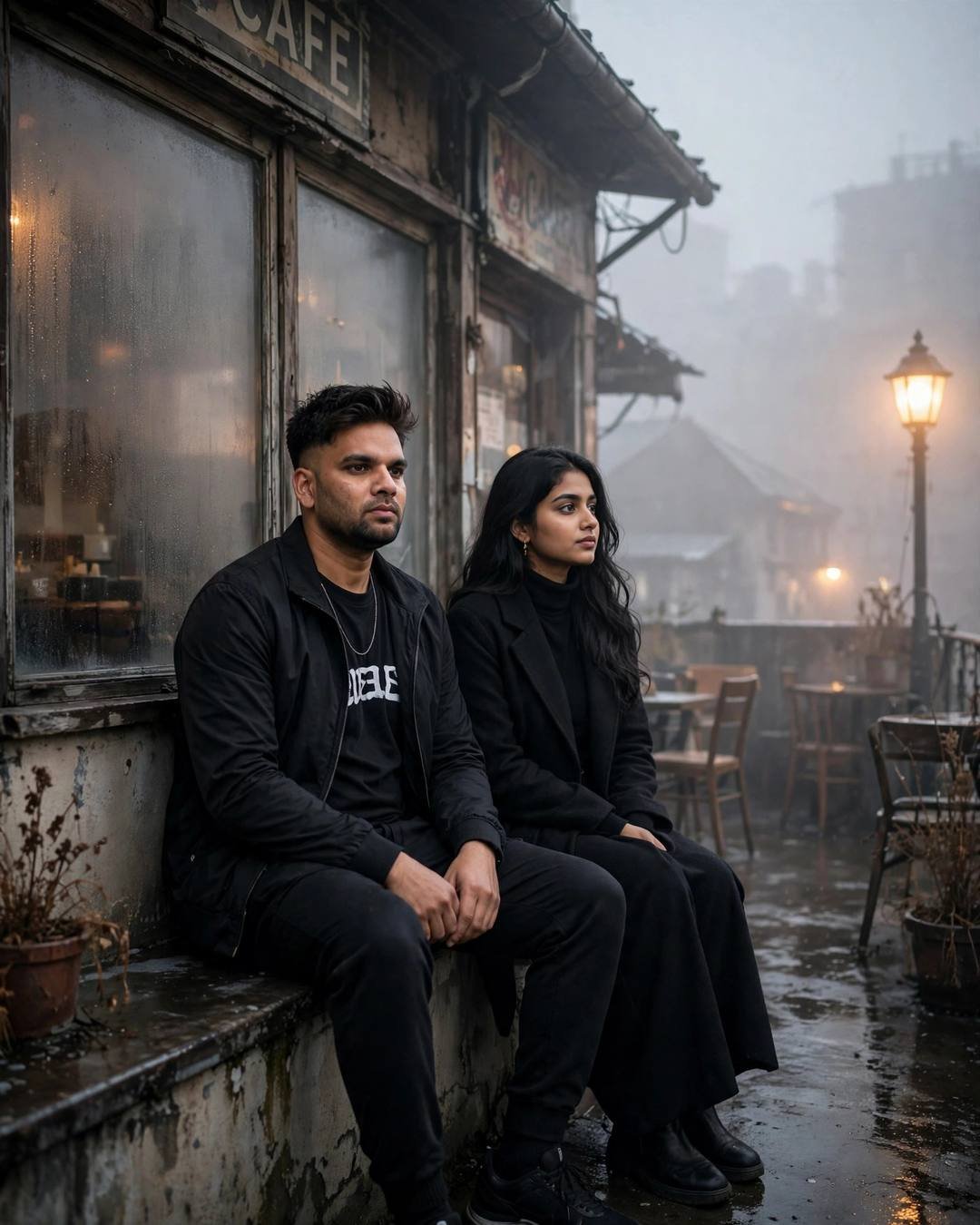 Couple in black outfits sitting silently side by side on a cafe ledge in dense dawn fog, sodium streetlamp glowing