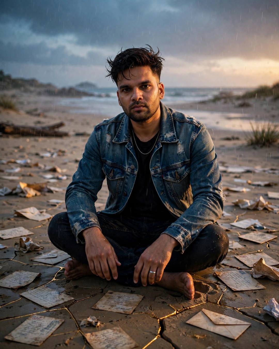 Man sitting cross-legged among old letters on a deserted beach at dusk