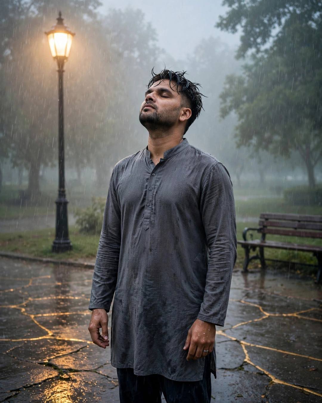 Man standing with face lifted to the sky in the rain under a streetlamp