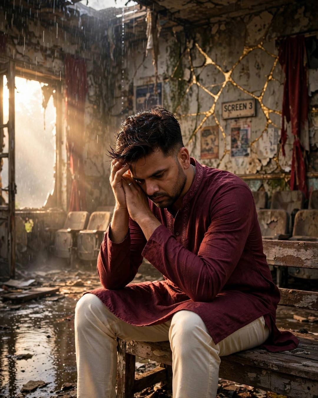 Man with head in hands sitting in a ruined cinema hall, golden light on cracked walls