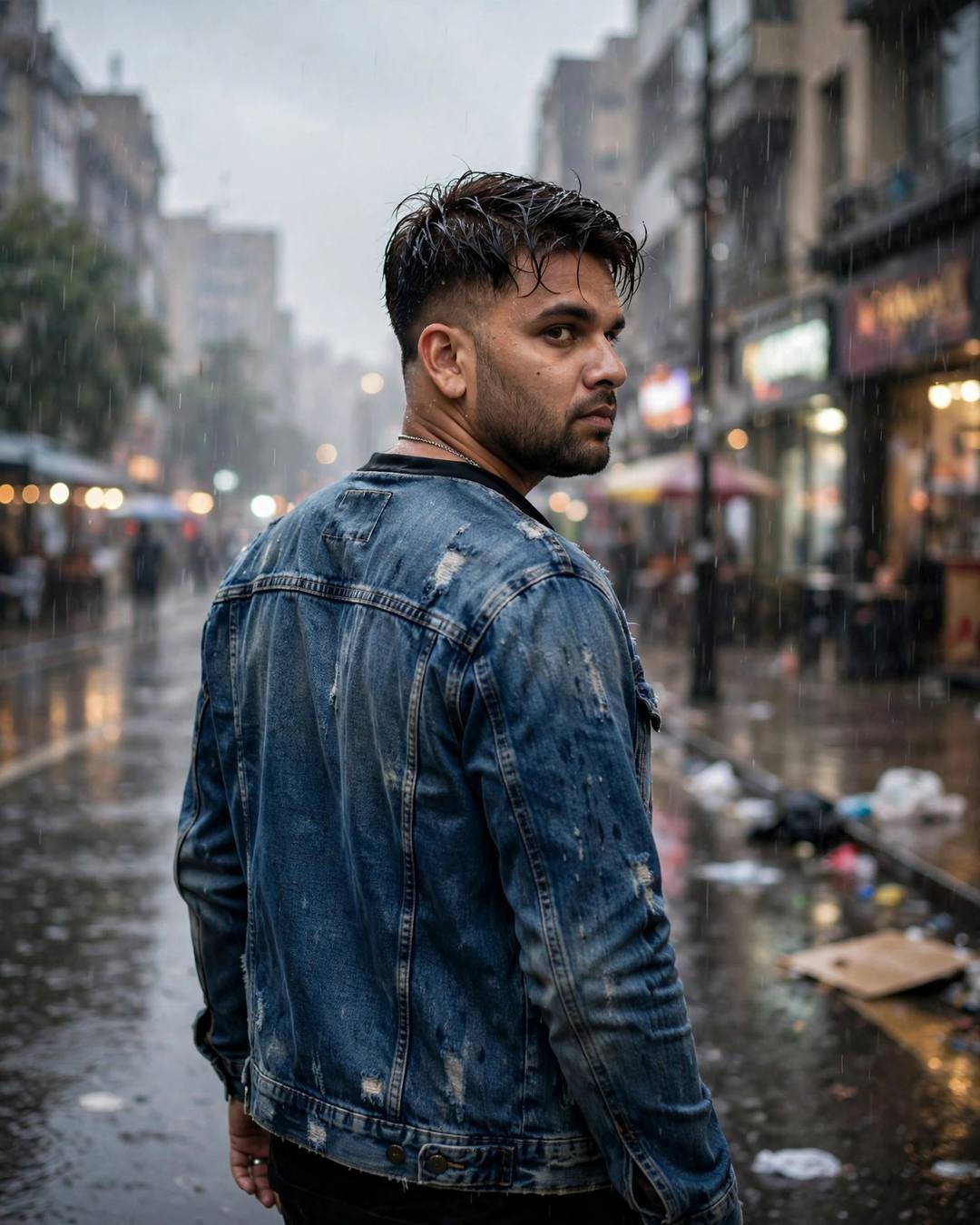 Man in distressed denim jacket with back to camera looking over his shoulder down a rain-soaked city street
