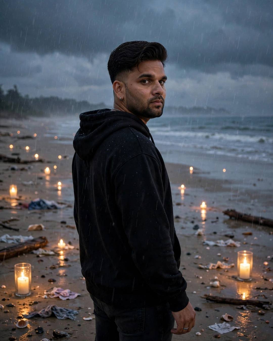 Man in black hoodie standing on a candlelit beach at dusk looking over his shoulder, storm clouds over the sea