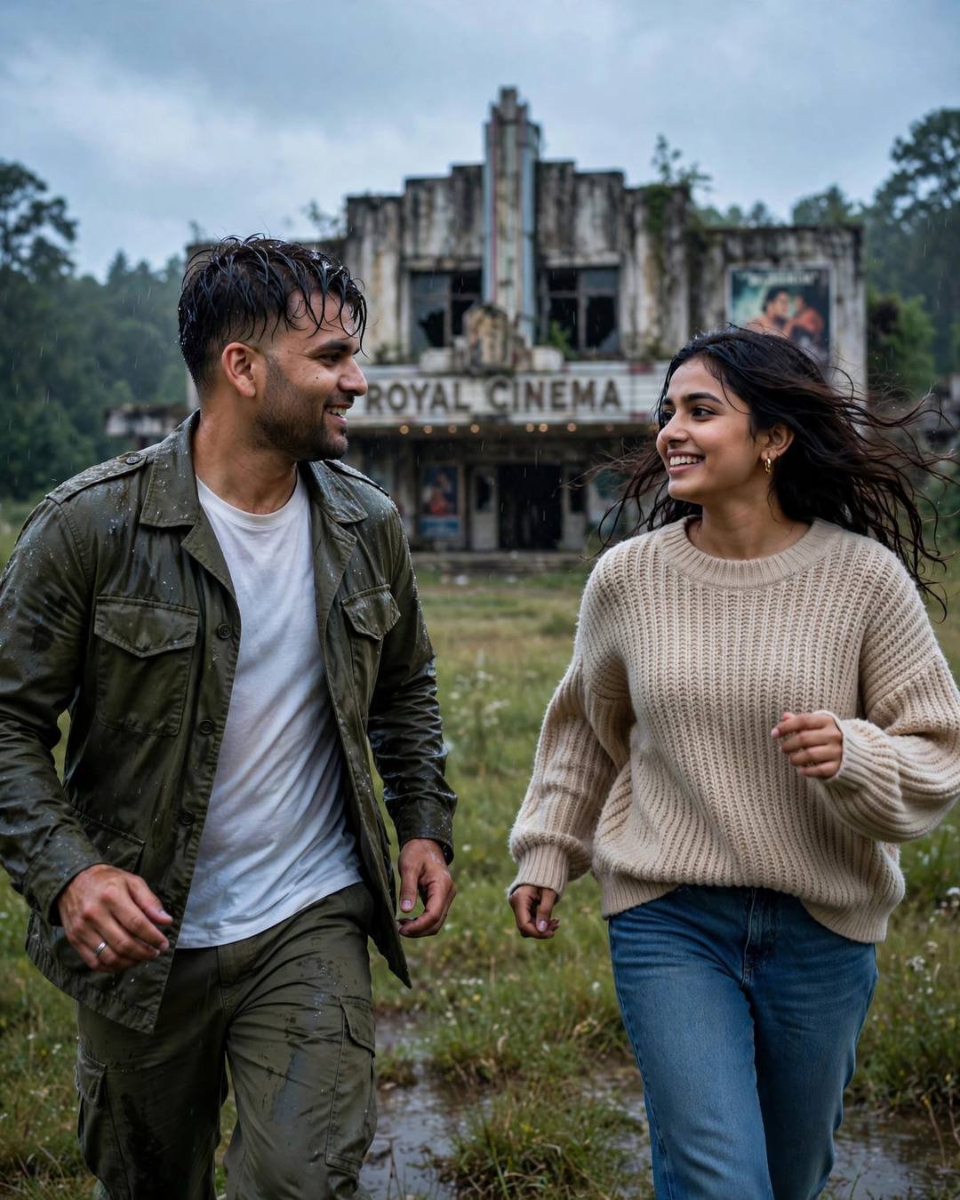 Laughing couple running toward each other across a wet field before an abandoned cinema hall in the rain