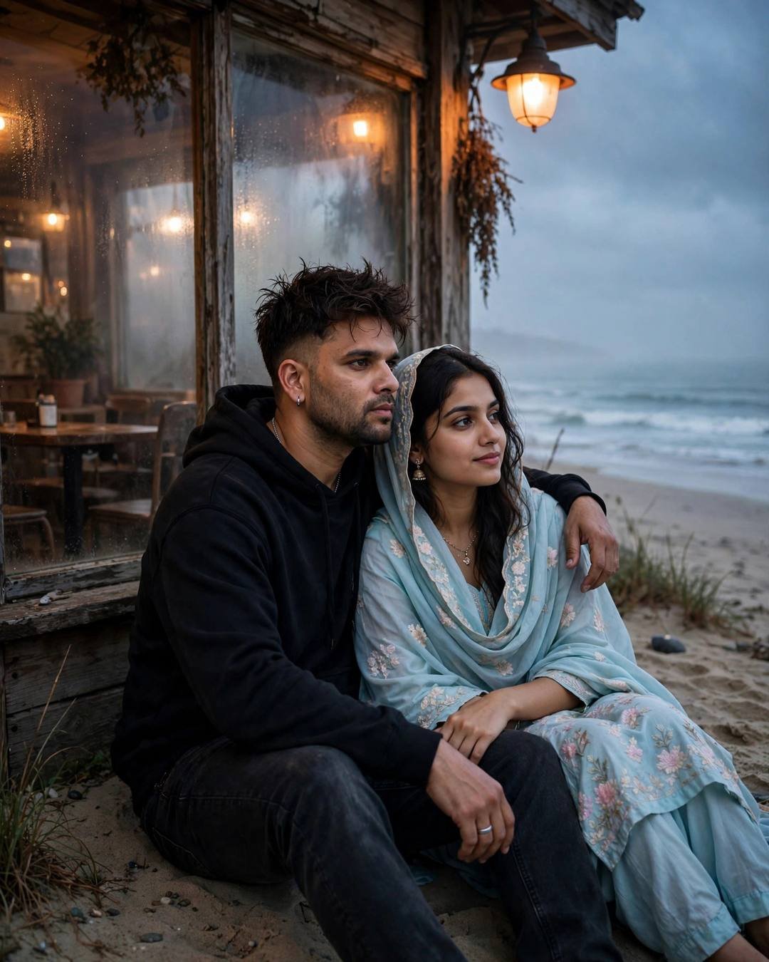 Couple sitting on sand beside an old cafe with fogged windows at blue hour, man in black hoodie, woman in pastel salwar-kameez