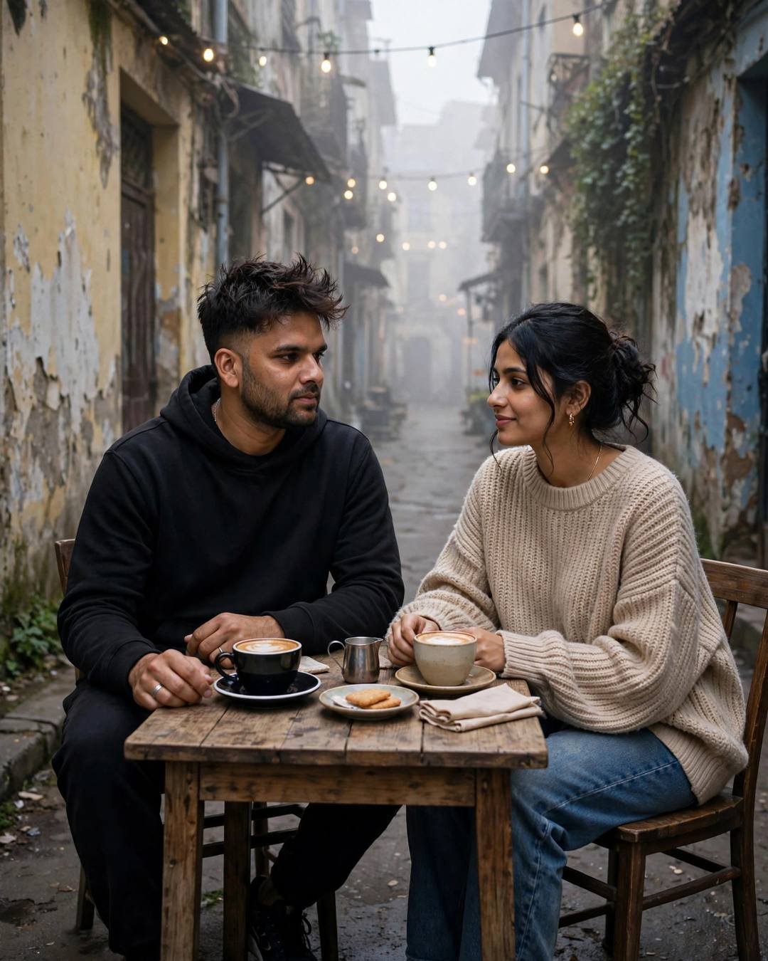 Couple sharing coffee at a small table in a foggy old-city lane, man in all-black streetwear, woman in beige sweater, string lights