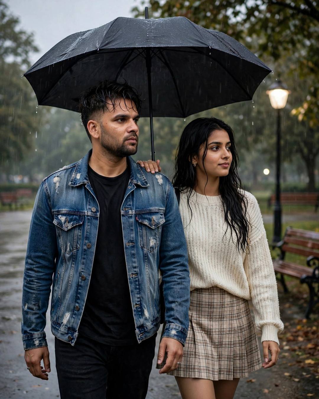 Couple walking side by side under one umbrella in a rainy park at dusk