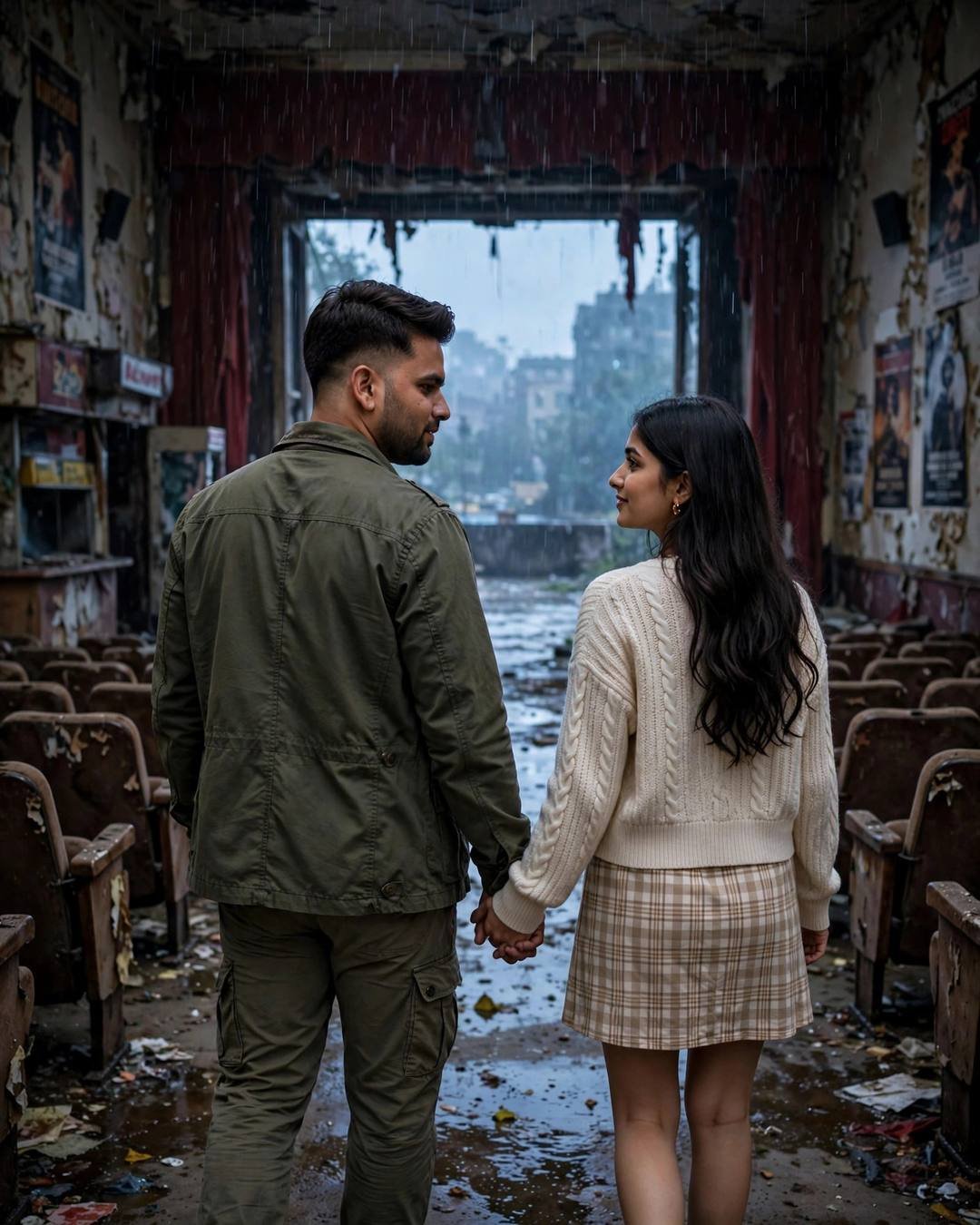 Couple walking hand in hand away through a rain-flooded abandoned cinema hall