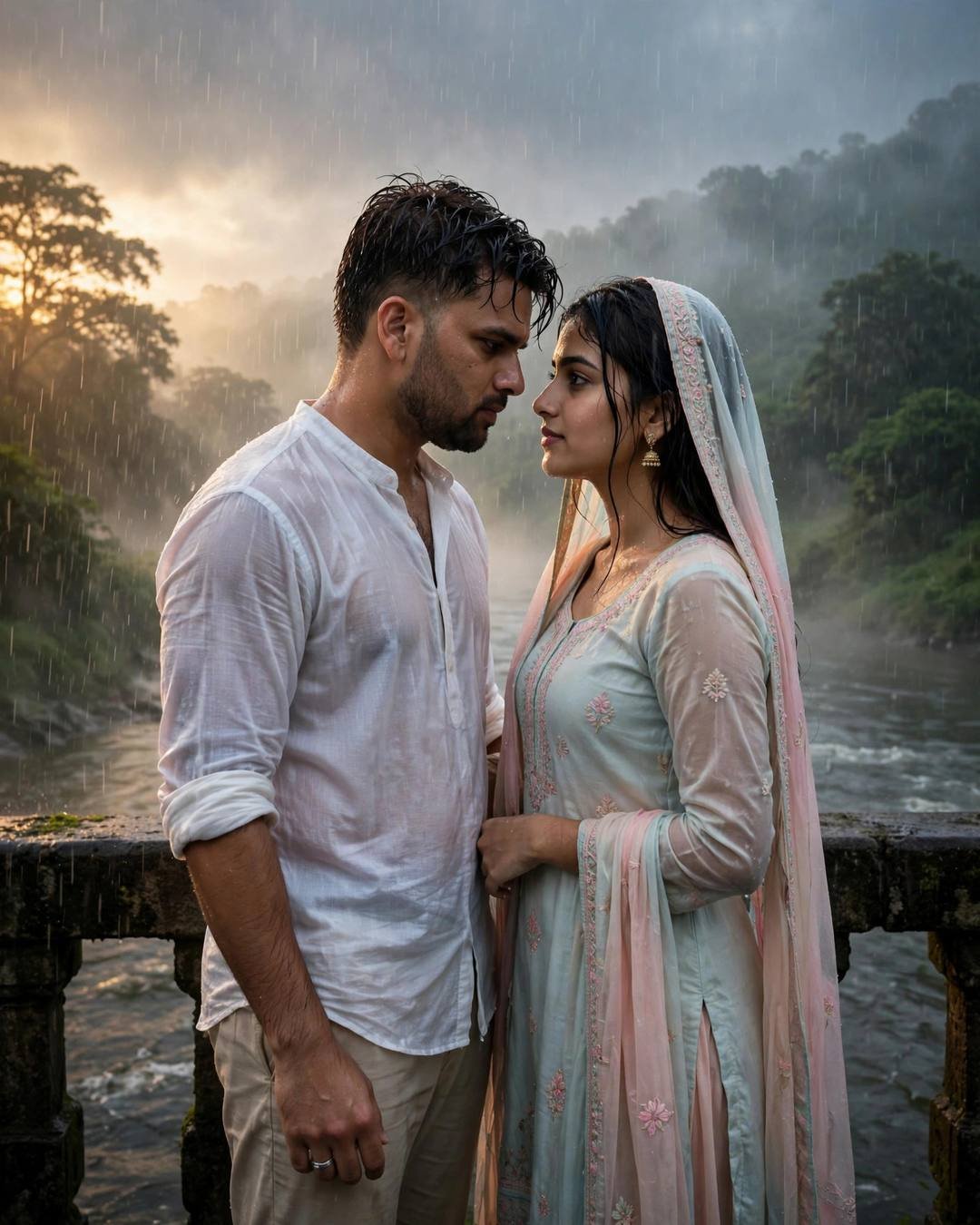 Couple standing face to face with foreheads almost touching on a bridge in heavy monsoon rain