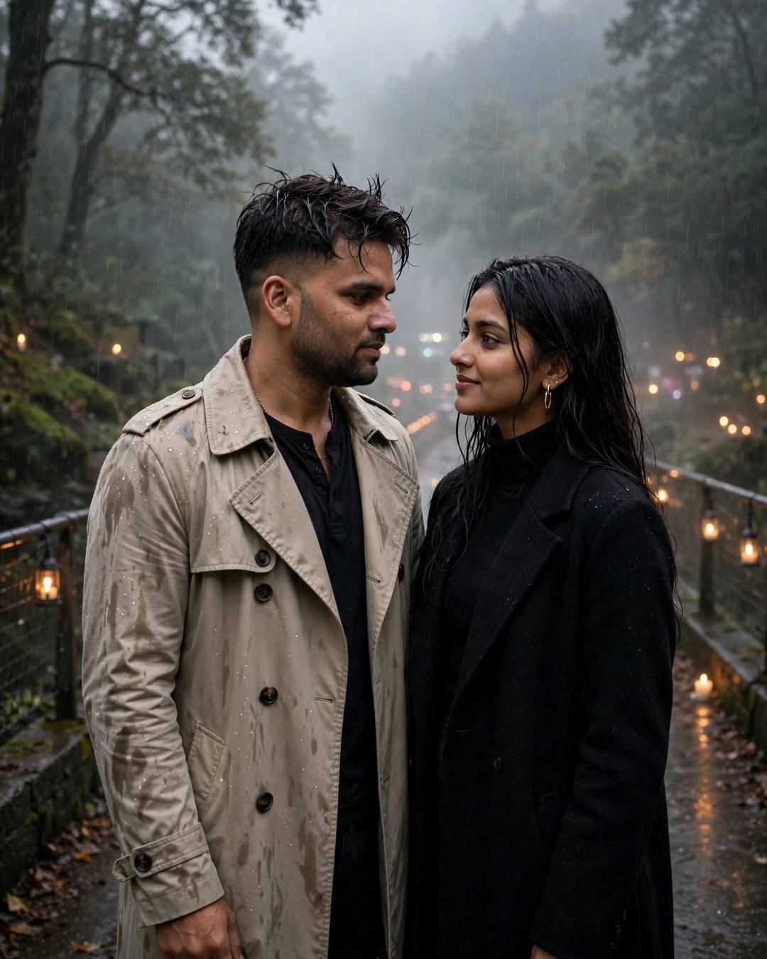 Couple standing close on a misty forest bridge at dawn, gazing at each other, lanterns glowing