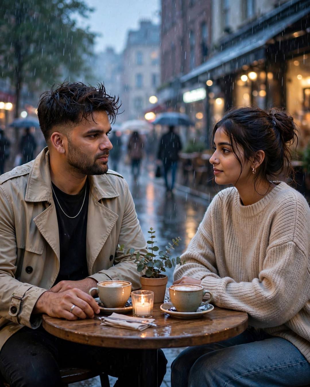 Couple sitting across a small cafe table on a rainy city street, gazing at each other over coffee