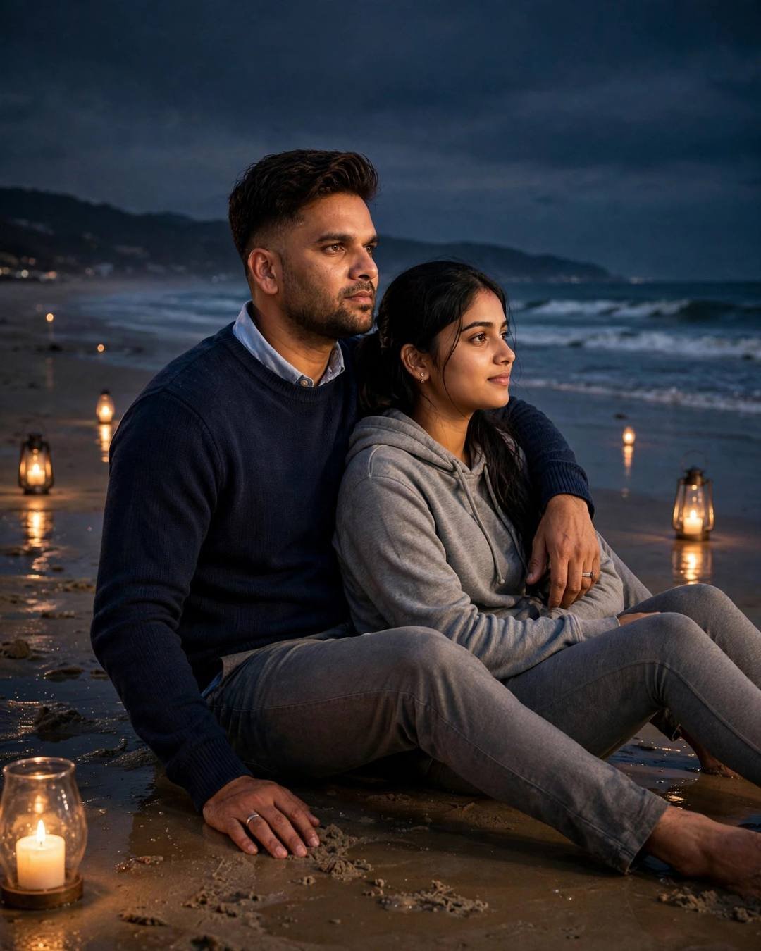 Couple sitting on a candlelit beach at night, his arm around her, watching the waves