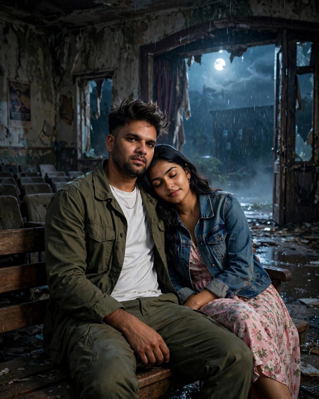Couple sitting close in a moonlit abandoned cinema hall, her head resting on his shoulder