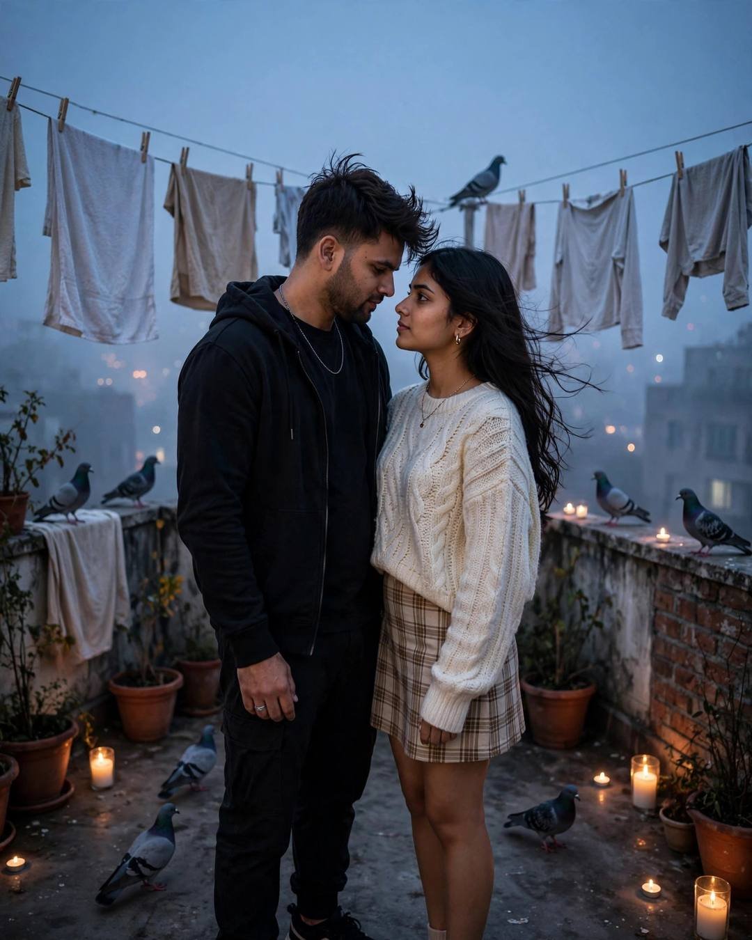 Couple standing face to face with foreheads almost touching on a candlelit rooftop terrace with pigeons