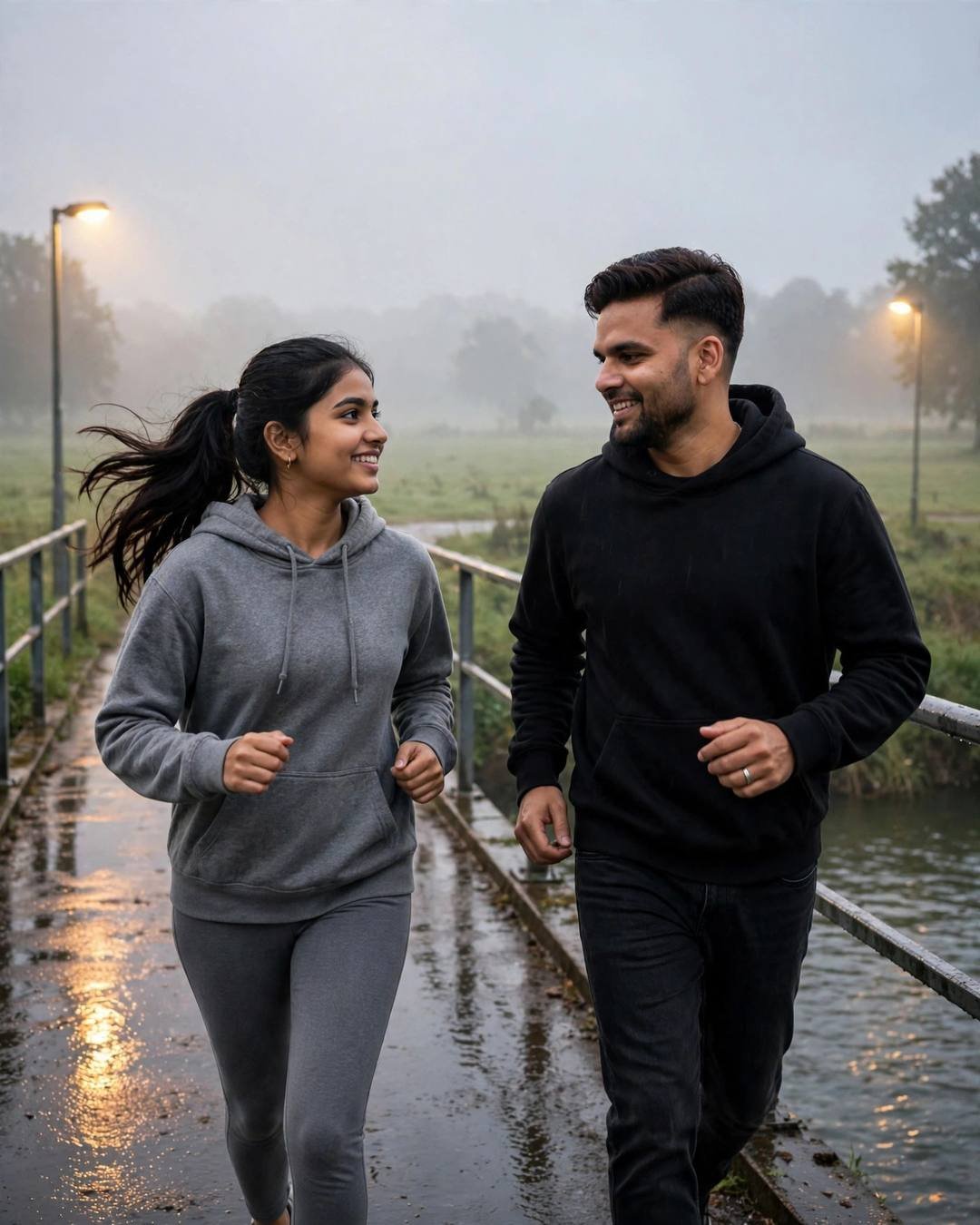 Couple laughing while running across a wet bridge at dawn — man in black hoodie, woman in grey hoodie, fog and streetlamps