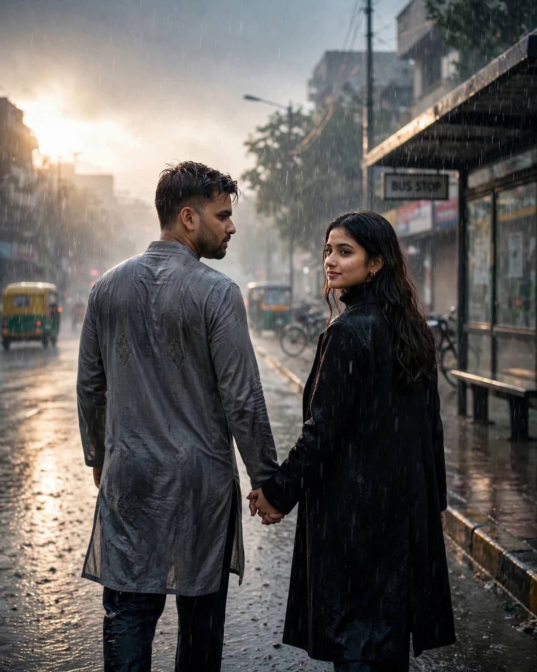 Couple holding hands walking away at a rainy bus stop — man in grey kurta, woman in black coat, both glancing back at camera